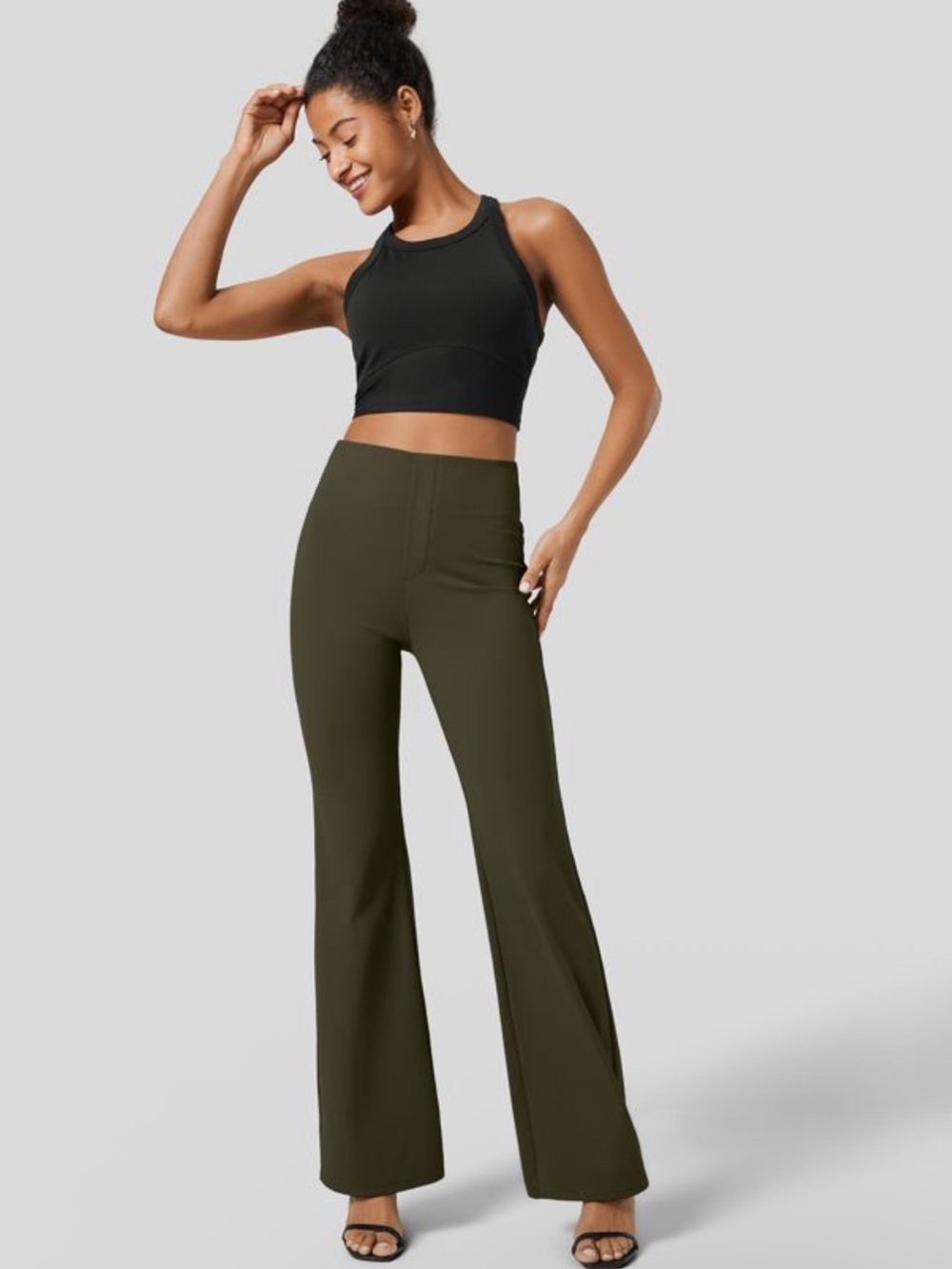 Halara Flex High Waisted Back Side Pocket Slight Flare Work Pants Forest Night